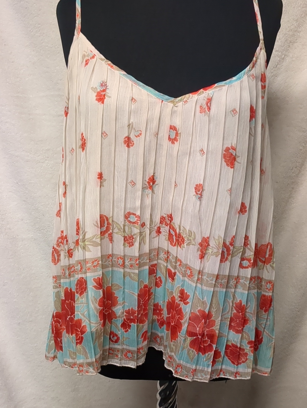 Billabong Cream Floral Pleated Camisole with Red & Aqua Accents